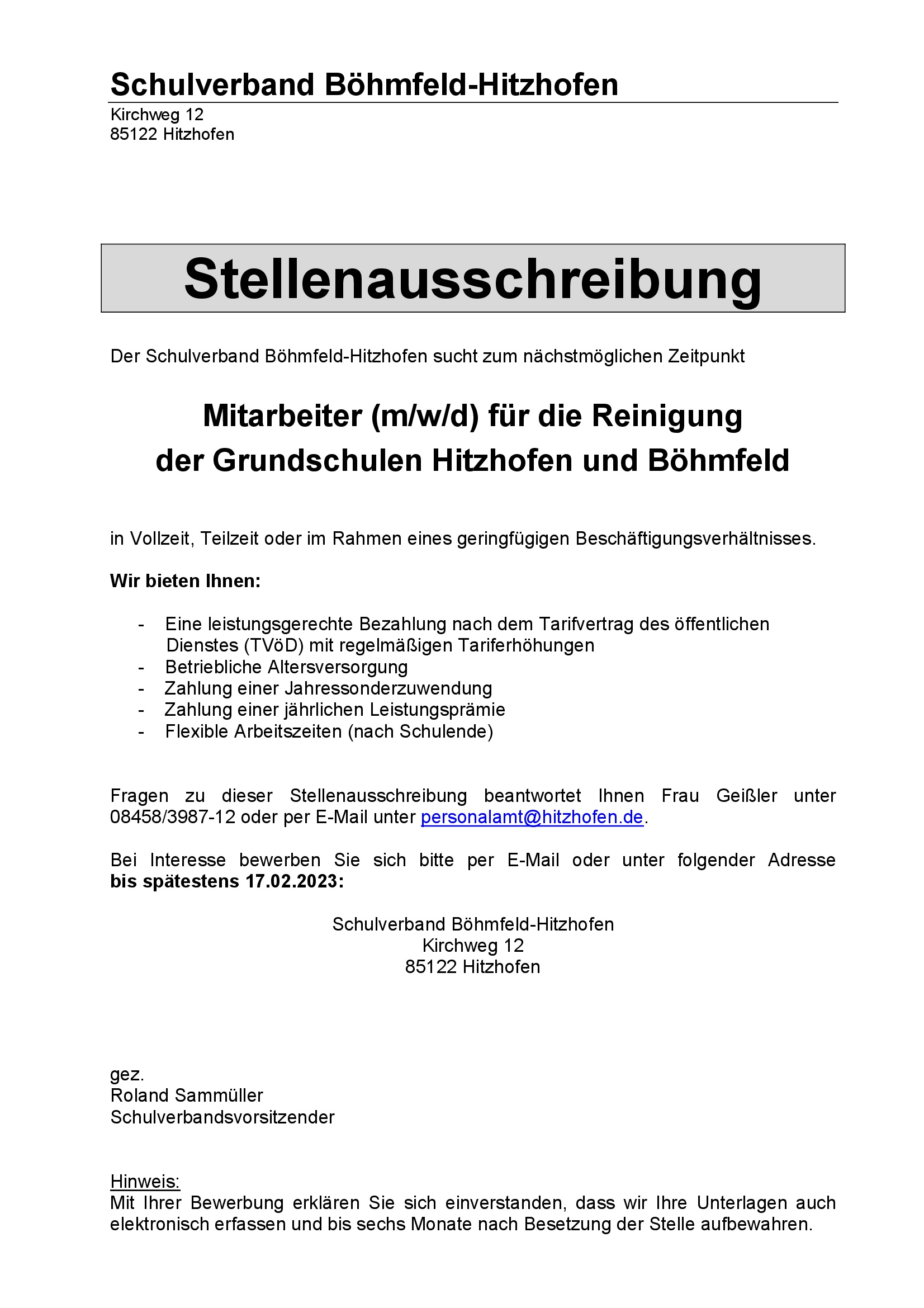 Auschreibung Reinigungskraft - Böhmfeld und Hitzhofen