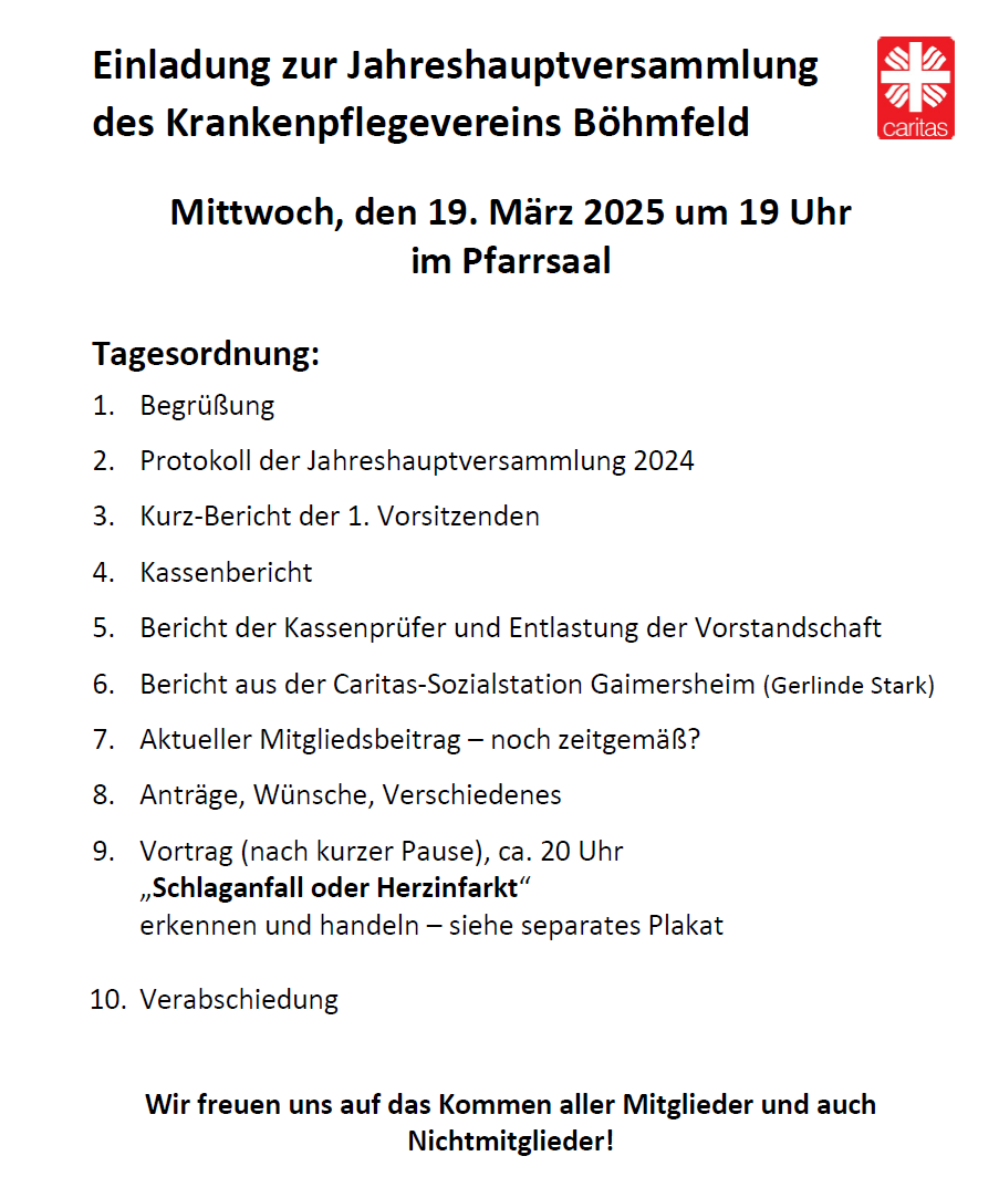 Einladung zur Jahreshauptversammlung des Krankenpflegevereins