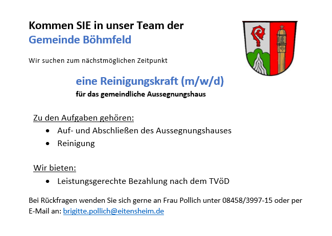 Reinigungskraft für das gemeindliche Aussegnungshaus in Böhmfeld gesuc