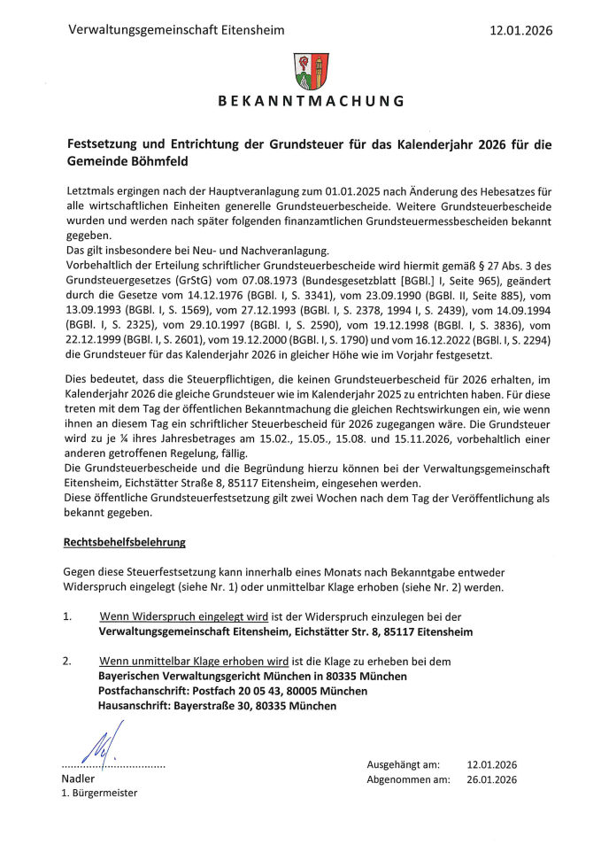 Bekanntmachung Festsetzung und Entrichtung der Grundsteuer für das Kal