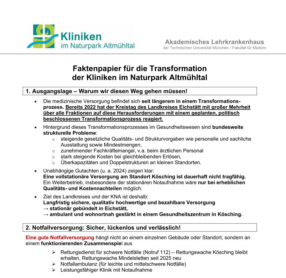 Faktenpapier für die Transformation der Kliniken im Naturpark Altmühlt
