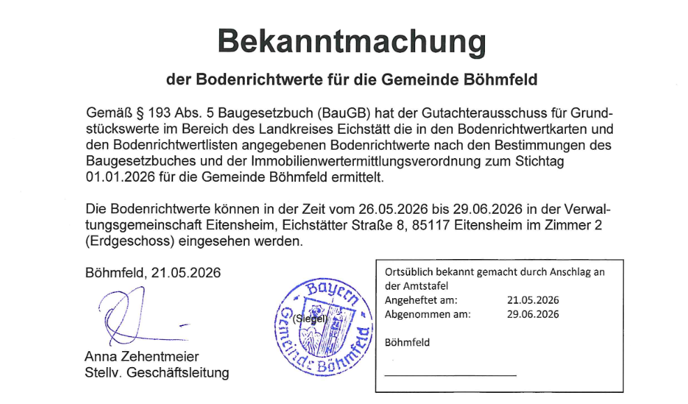 Bekanntmachung der Bodenrichtwerte für die Gemeinde Böhmfeld 